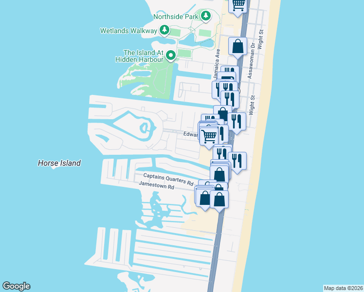 map of restaurants, bars, coffee shops, grocery stores, and more near 105 120th Street in Ocean City