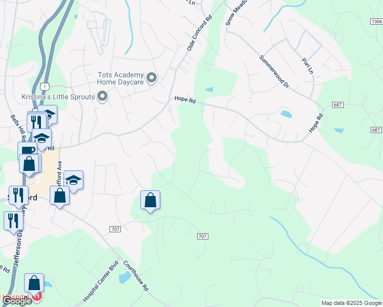 map of restaurants, bars, coffee shops, grocery stores, and more near 7 Falcon Court in Stafford
