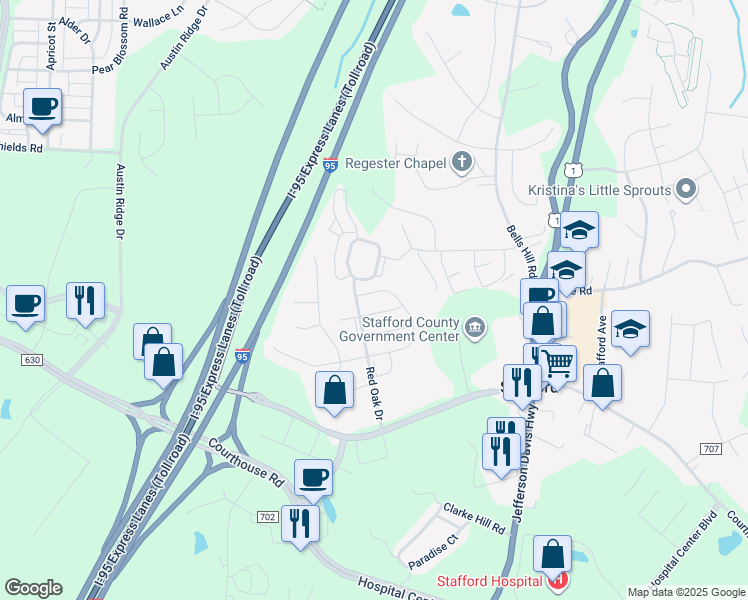 map of restaurants, bars, coffee shops, grocery stores, and more near 191 Executive Circle in Stafford