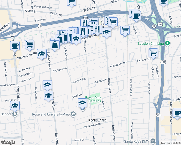 map of restaurants, bars, coffee shops, grocery stores, and more near 1129 West Avenue in Santa Rosa