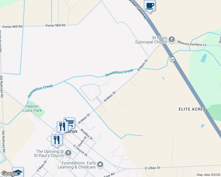 map of restaurants, bars, coffee shops, grocery stores, and more near 519 North Main Street in Hebron