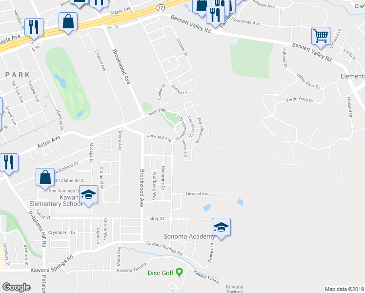 map of restaurants, bars, coffee shops, grocery stores, and more near 2024 Honeysuckle Drive in Santa Rosa