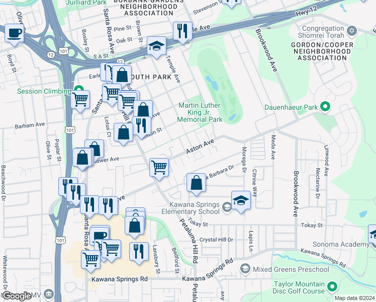 map of restaurants, bars, coffee shops, grocery stores, and more near 873 Aston Avenue in Santa Rosa