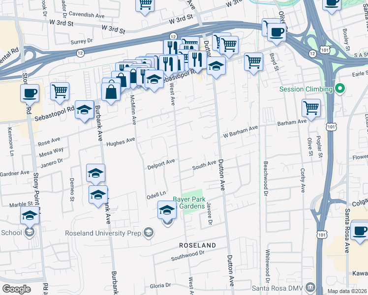 map of restaurants, bars, coffee shops, grocery stores, and more near 1129 West Avenue in Santa Rosa