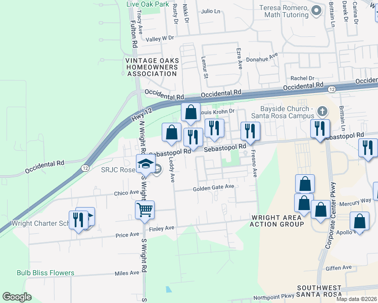 map of restaurants, bars, coffee shops, grocery stores, and more near 4077 Louis Krohn Drive in Santa Rosa