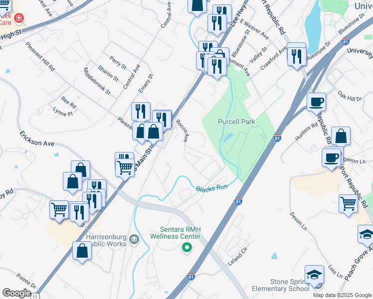map of restaurants, bars, coffee shops, grocery stores, and more near 1790 Dealton Avenue in Harrisonburg