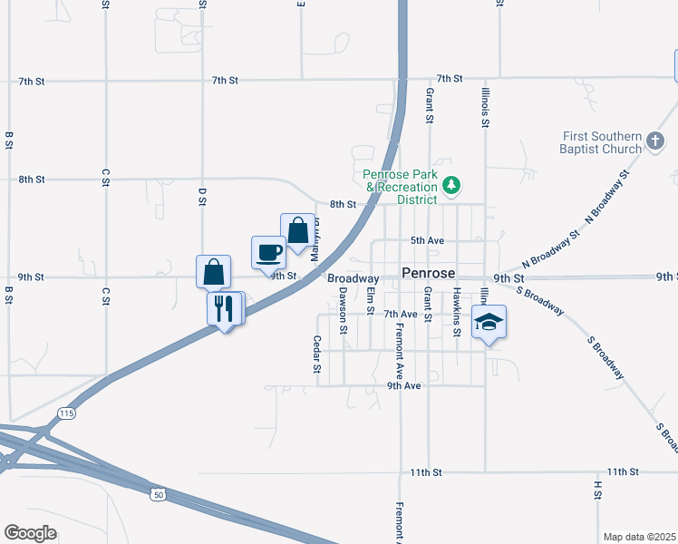 map of restaurants, bars, coffee shops, grocery stores, and more near 101 Broadway in Penrose