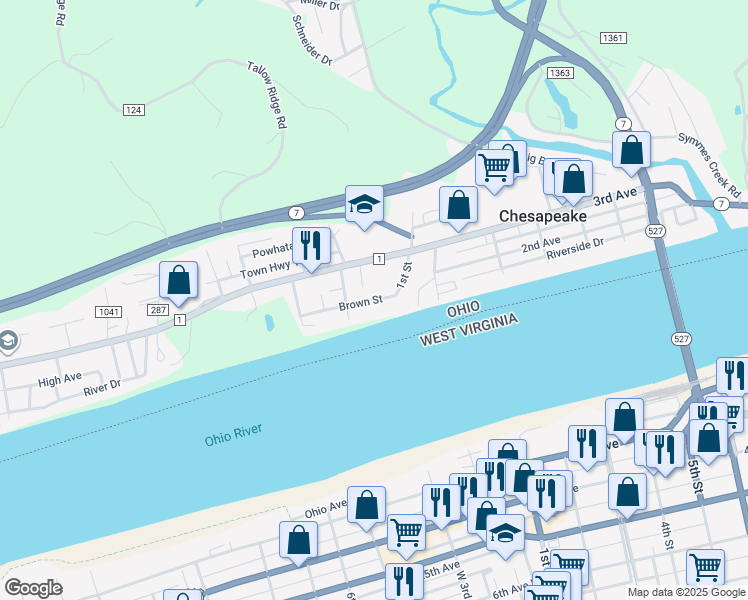 map of restaurants, bars, coffee shops, grocery stores, and more near 82 Township Road 1118 in Chesapeake