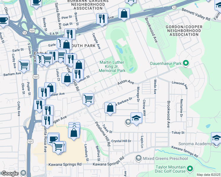 map of restaurants, bars, coffee shops, grocery stores, and more near 873 Aston Avenue in Santa Rosa