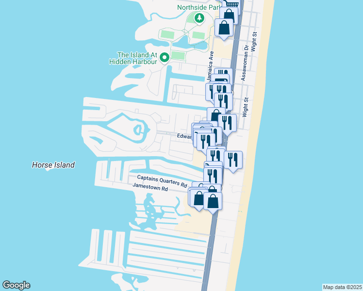 map of restaurants, bars, coffee shops, grocery stores, and more near 105 120th Street in Ocean City
