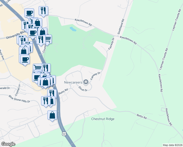map of restaurants, bars, coffee shops, grocery stores, and more near 272 Birdie Circle in Harrisonburg