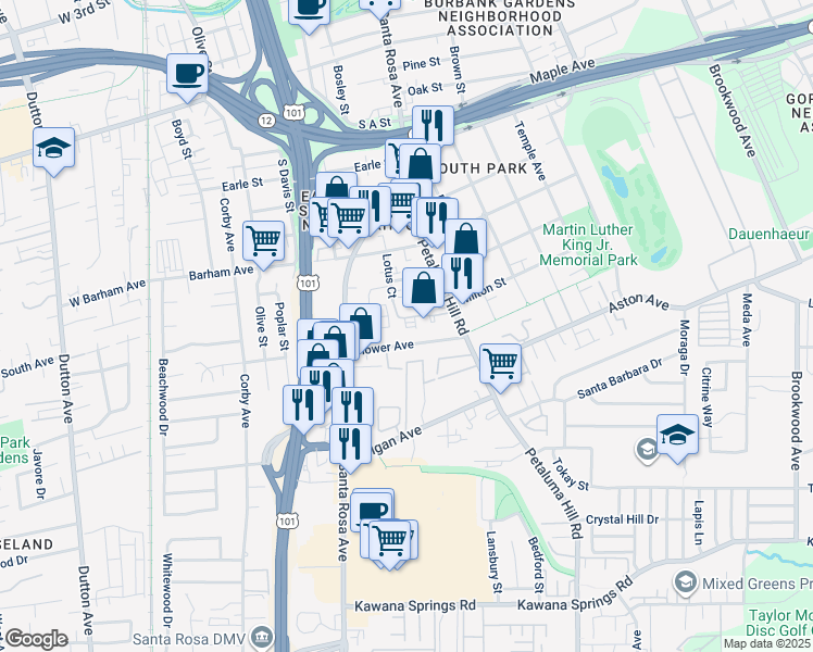 map of restaurants, bars, coffee shops, grocery stores, and more near 1285c Petaluma Hill Road in Santa Rosa