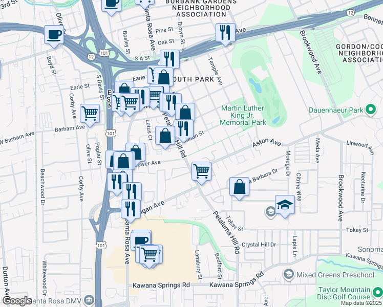 map of restaurants, bars, coffee shops, grocery stores, and more near 1350 Rutledge Avenue in Santa Rosa
