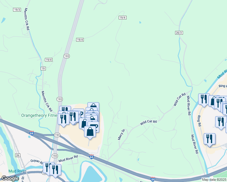 map of restaurants, bars, coffee shops, grocery stores, and more near 176 Meadowcreek Drive in Barboursville