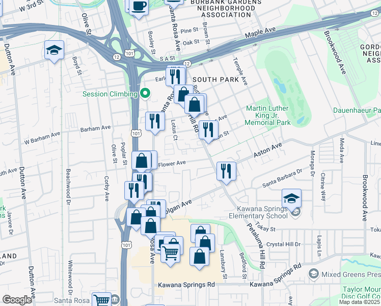map of restaurants, bars, coffee shops, grocery stores, and more near 1285c Petaluma Hill Road in Santa Rosa
