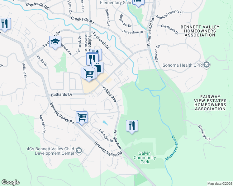 map of restaurants, bars, coffee shops, grocery stores, and more near 2322 Maher Drive in Santa Rosa