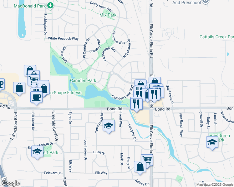 map of restaurants, bars, coffee shops, grocery stores, and more near 8804 San Badger Way in Elk Grove