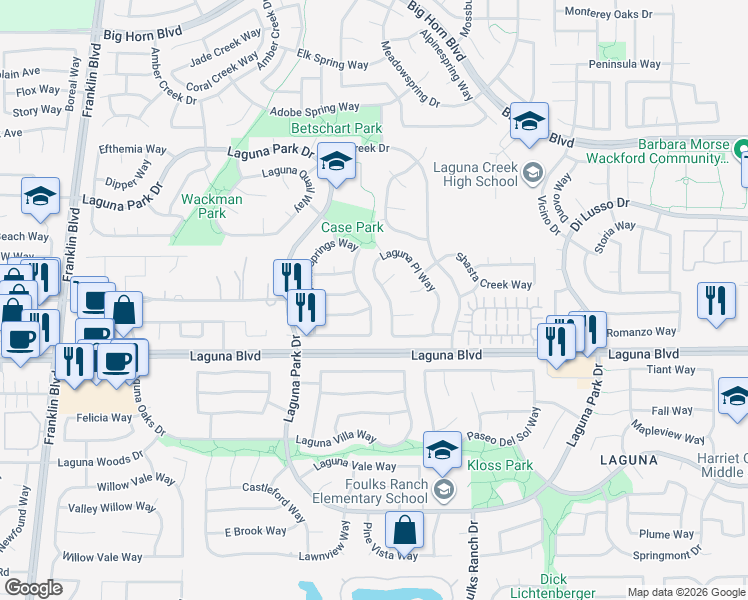map of restaurants, bars, coffee shops, grocery stores, and more near 9137 Laguna Springs Way in Elk Grove