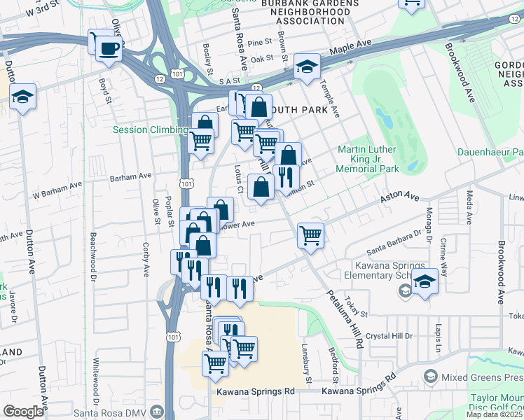 map of restaurants, bars, coffee shops, grocery stores, and more near 1285c Petaluma Hill Road in Santa Rosa