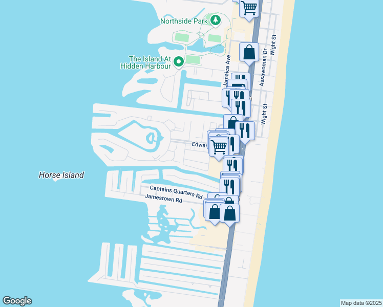 map of restaurants, bars, coffee shops, grocery stores, and more near 105 120th Street in Ocean City
