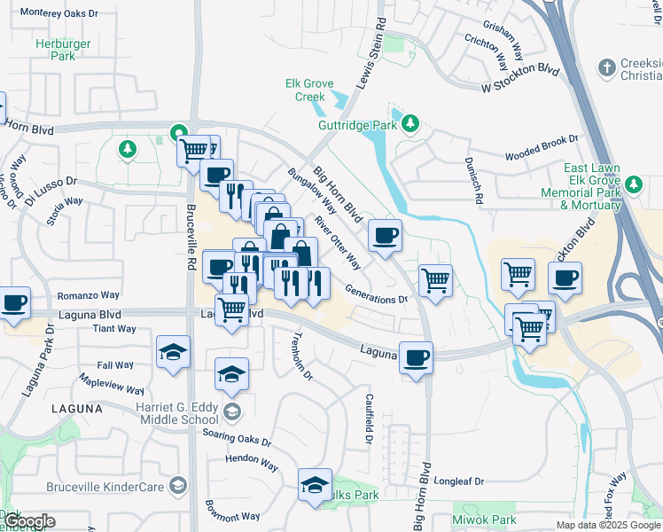 map of restaurants, bars, coffee shops, grocery stores, and more near 9099 Generations Drive in Elk Grove