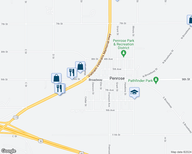 map of restaurants, bars, coffee shops, grocery stores, and more near 101 Broadway in Penrose