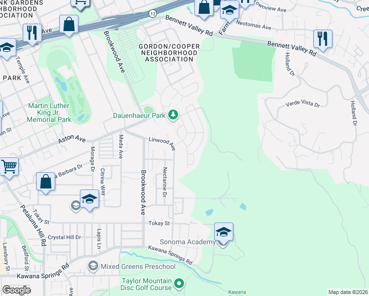 map of restaurants, bars, coffee shops, grocery stores, and more near 2024 Honeysuckle Drive in Santa Rosa