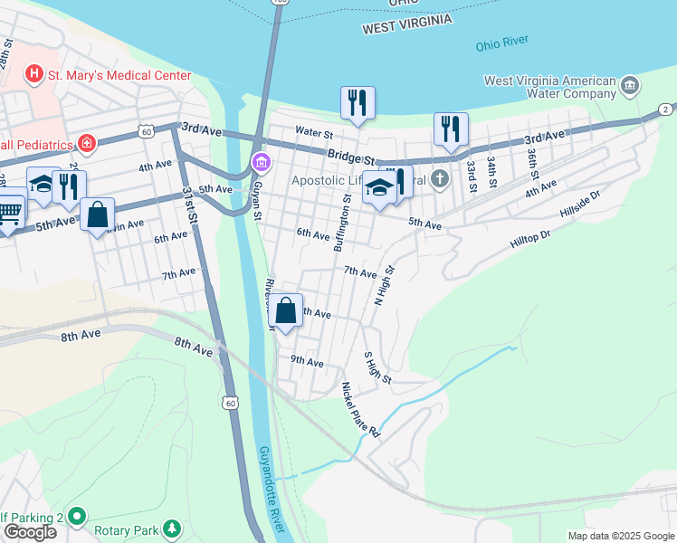 map of restaurants, bars, coffee shops, grocery stores, and more near 500 Buffington Street in Huntington