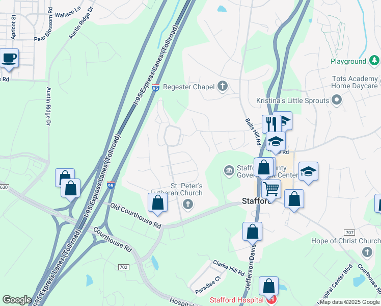 map of restaurants, bars, coffee shops, grocery stores, and more near 172 Executive Circle in Stafford