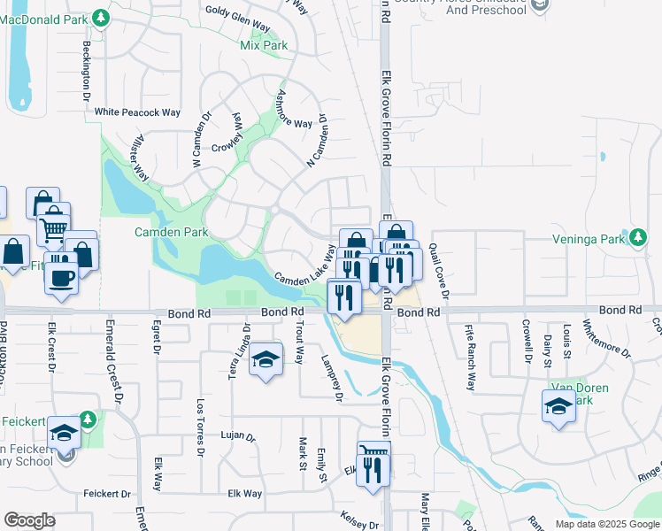 map of restaurants, bars, coffee shops, grocery stores, and more near 8850 Chex Court in Elk Grove