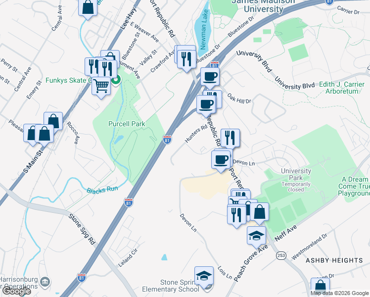 map of restaurants, bars, coffee shops, grocery stores, and more near 1360 Hunters Road in Harrisonburg