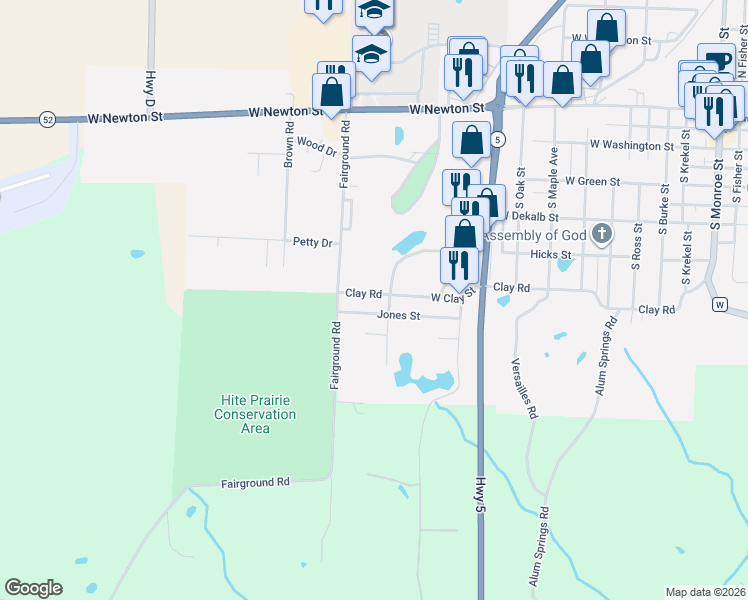 map of restaurants, bars, coffee shops, grocery stores, and more near 1102 Clay Road in Versailles