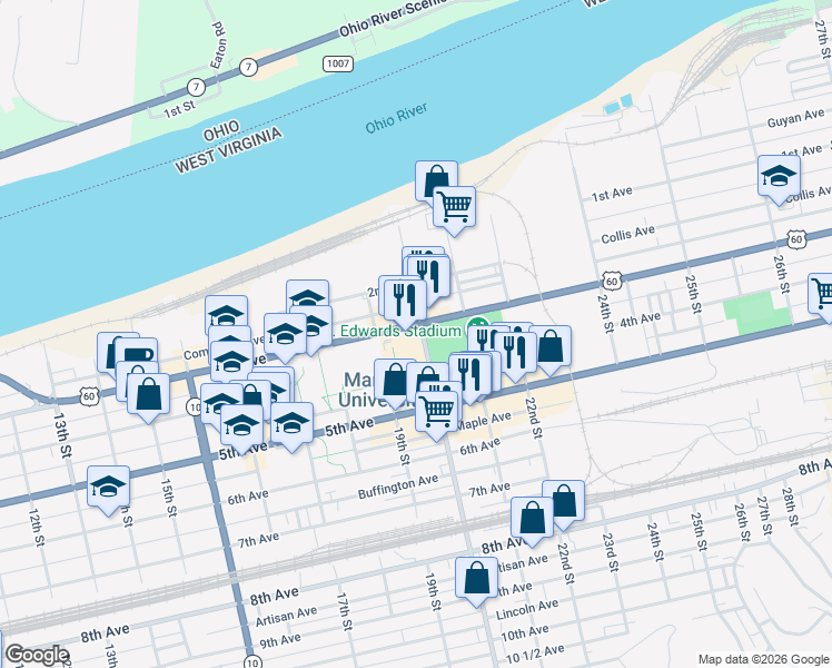 map of restaurants, bars, coffee shops, grocery stores, and more near 1955 3rd Avenue in Huntington