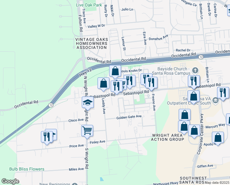 map of restaurants, bars, coffee shops, grocery stores, and more near 3973 Sebastopol Road in Santa Rosa