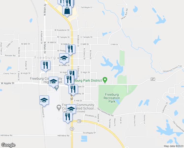 map of restaurants, bars, coffee shops, grocery stores, and more near 101 South Vine Street in Freeburg
