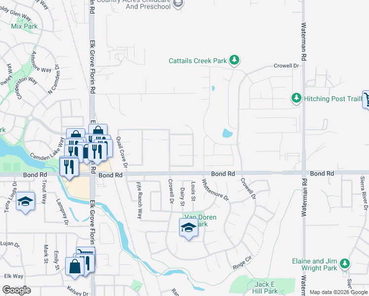 map of restaurants, bars, coffee shops, grocery stores, and more near 9068 Quail Tree Court in Elk Grove