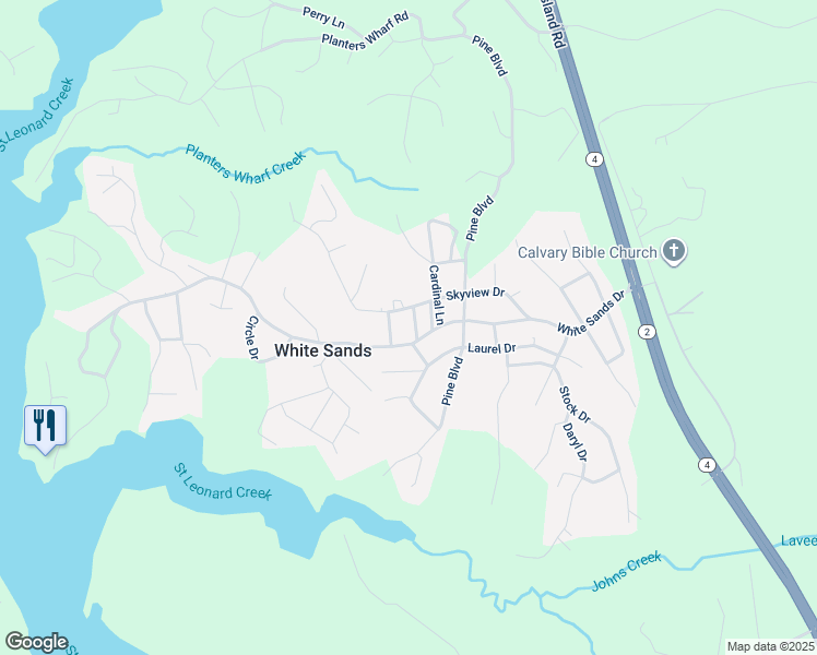map of restaurants, bars, coffee shops, grocery stores, and more near 8225 Cedar Lane in Lusby