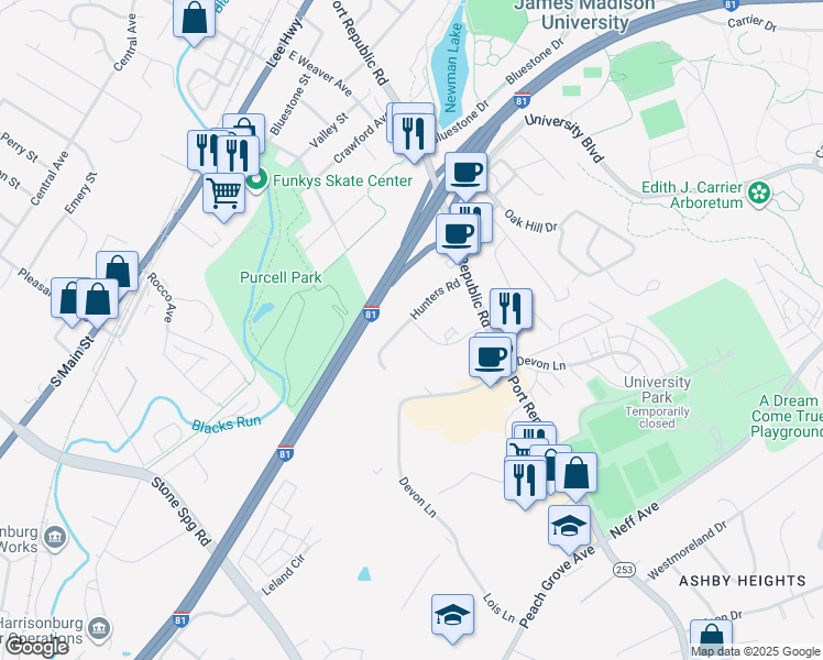 map of restaurants, bars, coffee shops, grocery stores, and more near 1360 Hunters Road in Harrisonburg