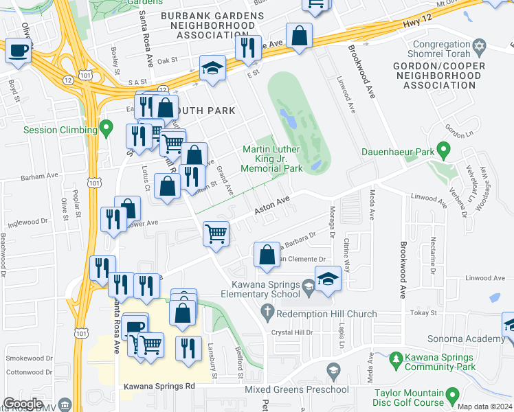 map of restaurants, bars, coffee shops, grocery stores, and more near 833 Aston Avenue in Santa Rosa