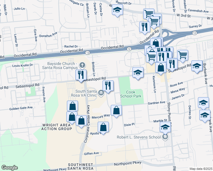 map of restaurants, bars, coffee shops, grocery stores, and more near 1089 Pippin Circle in Santa Rosa