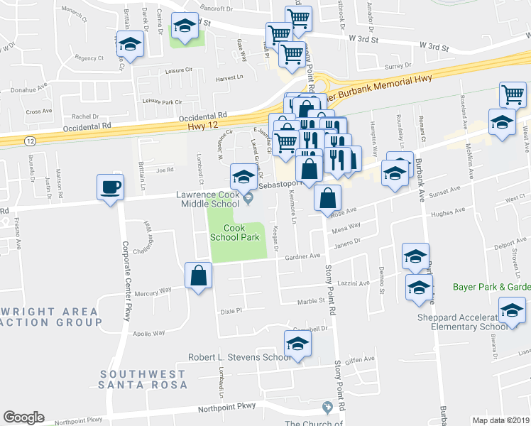 map of restaurants, bars, coffee shops, grocery stores, and more near 929 Wilkey Court in Santa Rosa