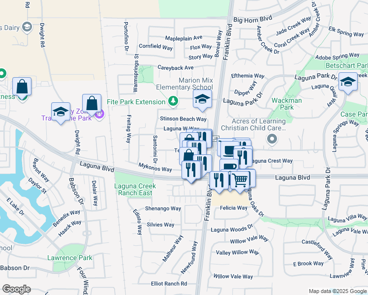 map of restaurants, bars, coffee shops, grocery stores, and more near 9143 Newport West Way in Elk Grove