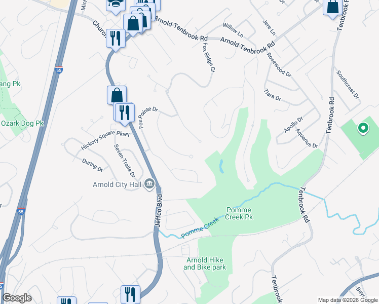 map of restaurants, bars, coffee shops, grocery stores, and more near 2807 Fox Meadow Lane in Arnold
