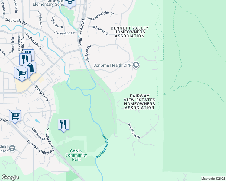 map of restaurants, bars, coffee shops, grocery stores, and more near 4709 Golf View Court in Santa Rosa