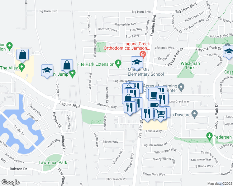 map of restaurants, bars, coffee shops, grocery stores, and more near 4601 Tegan Road in Elk Grove