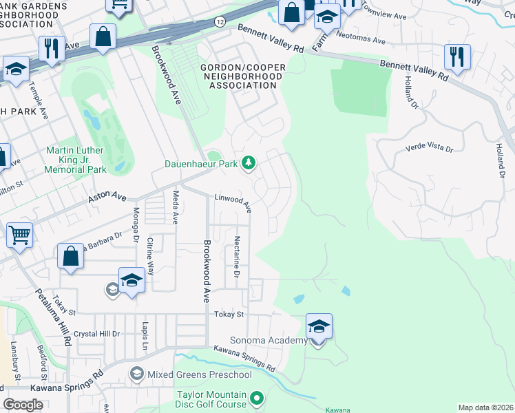 map of restaurants, bars, coffee shops, grocery stores, and more near 2024 Honeysuckle Drive in Santa Rosa