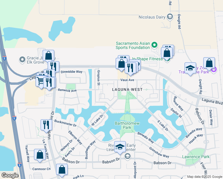 map of restaurants, bars, coffee shops, grocery stores, and more near 141 Renwick Avenue in Elk Grove