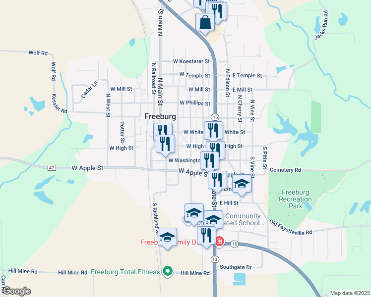 map of restaurants, bars, coffee shops, grocery stores, and more near 205 West High Street in Freeburg