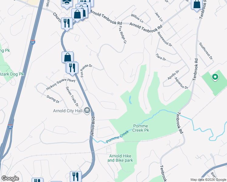 map of restaurants, bars, coffee shops, grocery stores, and more near 2807 Fox Meadow Lane in Arnold
