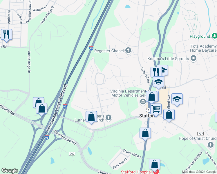 map of restaurants, bars, coffee shops, grocery stores, and more near 176 Executive Circle in Stafford Courthouse